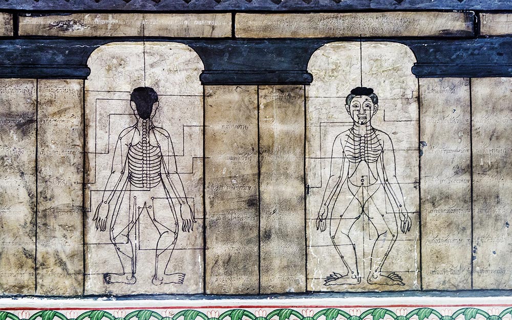 Antiche incisioni sui meridiani thai scuola massaggio thailandese wat pho bangkok