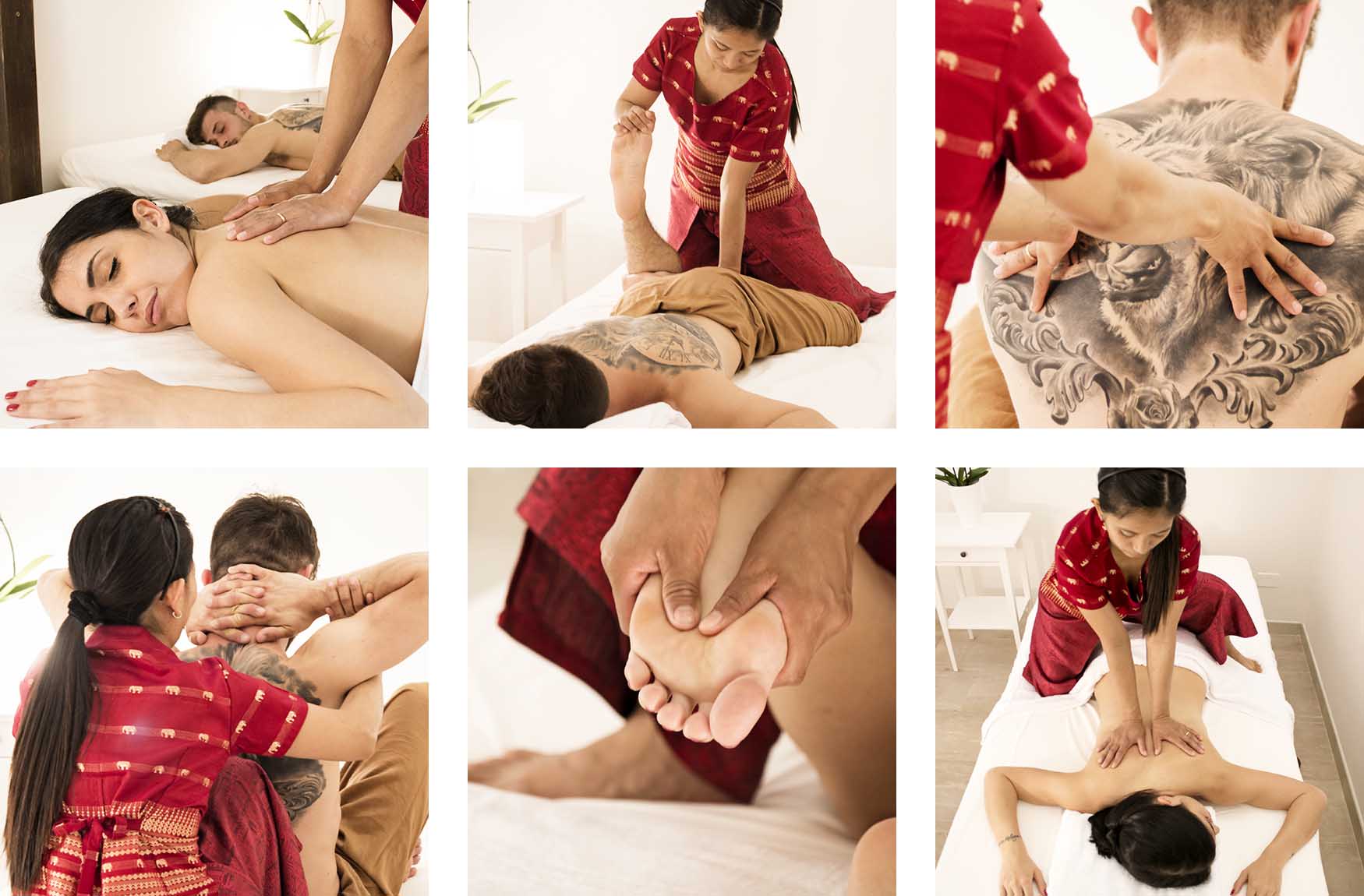 Szenen einer autentische Thaimassage an einem jungen sportlichen Mann und einer attraktiven jungen Frau im My Thai Center in Bologna.