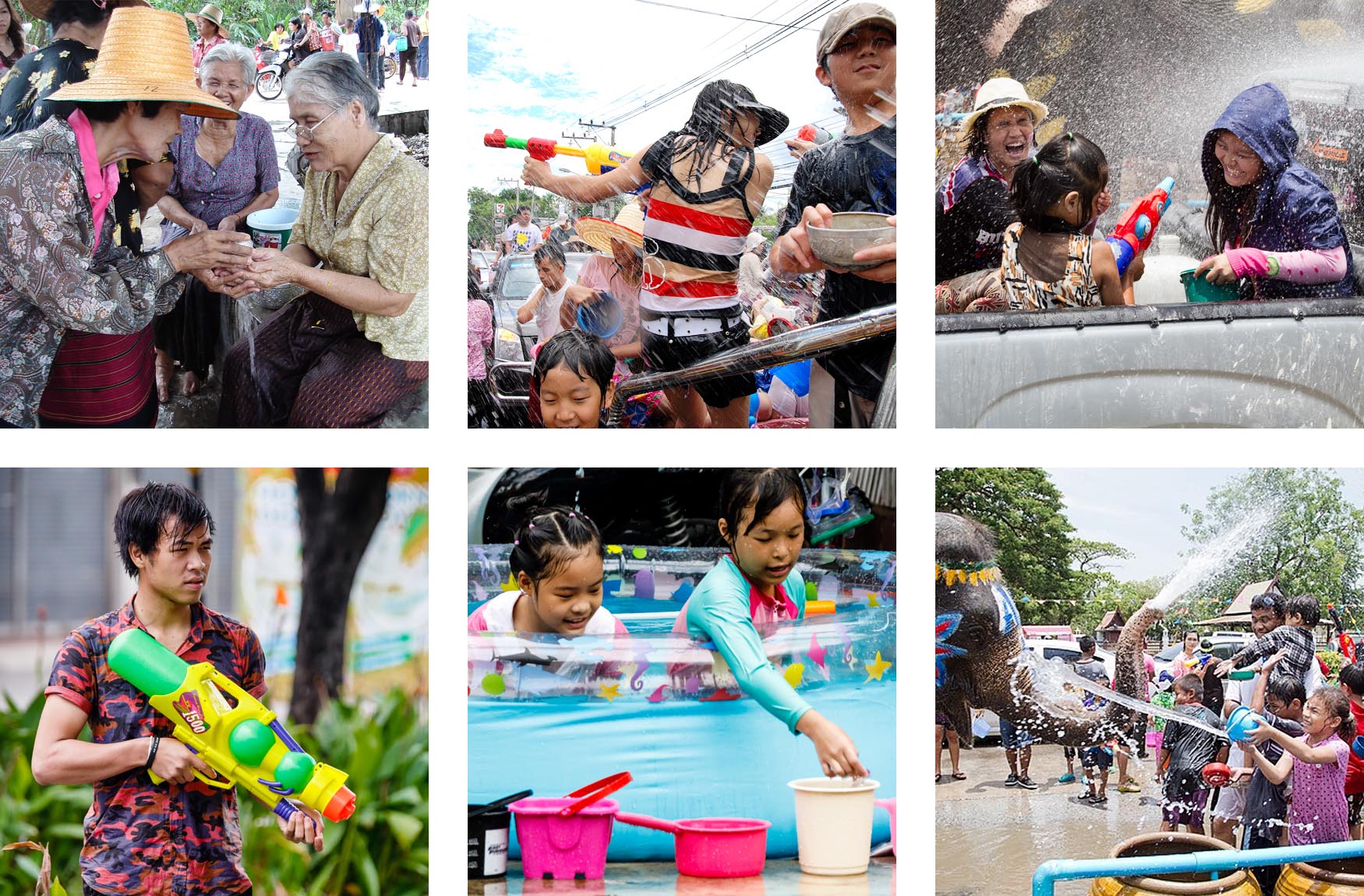 Momenti di festa durante il Songkran con abluzioni rituali e battaglie d'acqua nelle strade della Thailandia.